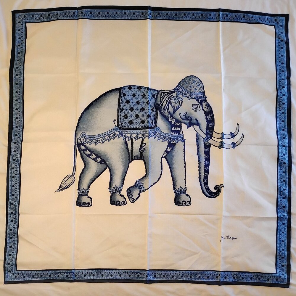 Jim Thompson Vintage Large Blue Signed Thai Silk Elephant Print